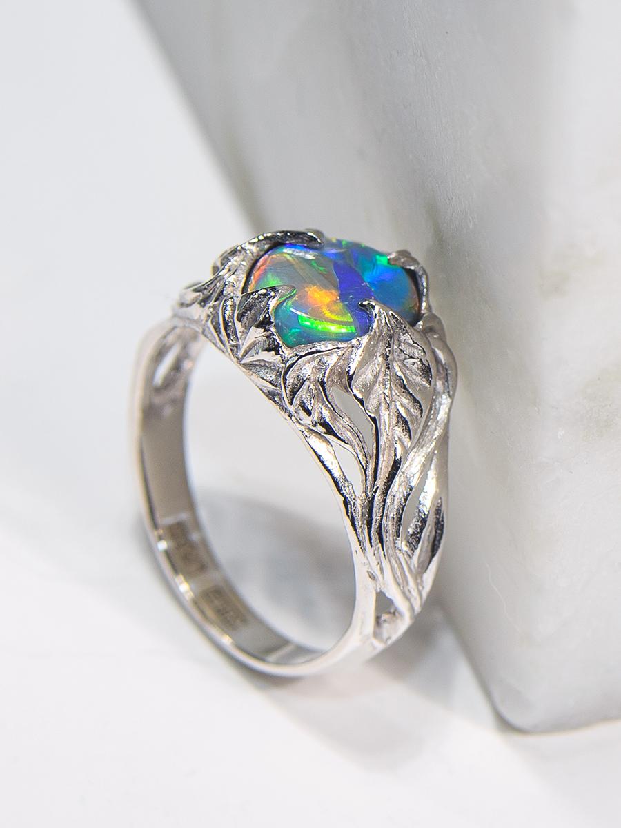 Dark Opal White Gold Ring Bright Multicolor Natural Gem Art Nouveau For Sale 3