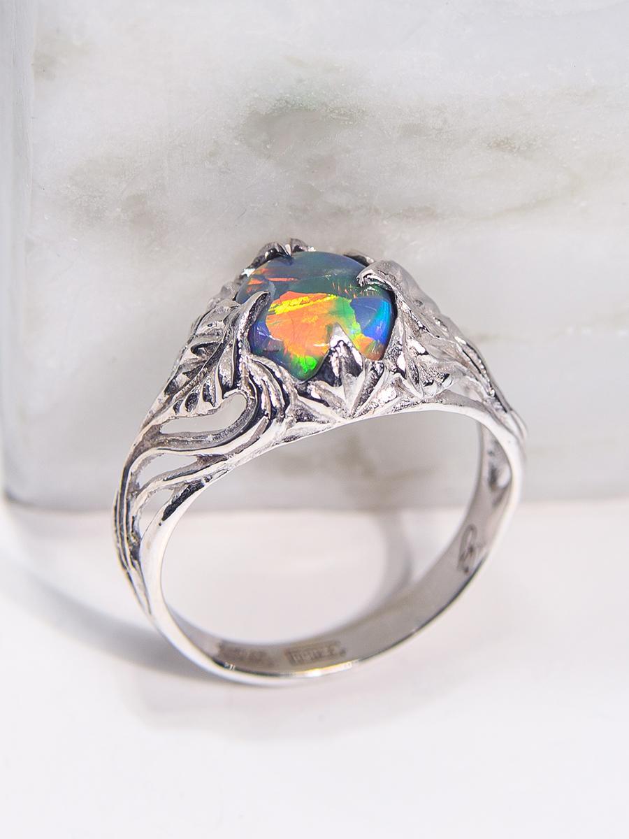 Dark Opal White Gold Ring Bright Multicolor Natural Gem Art Nouveau For Sale 9