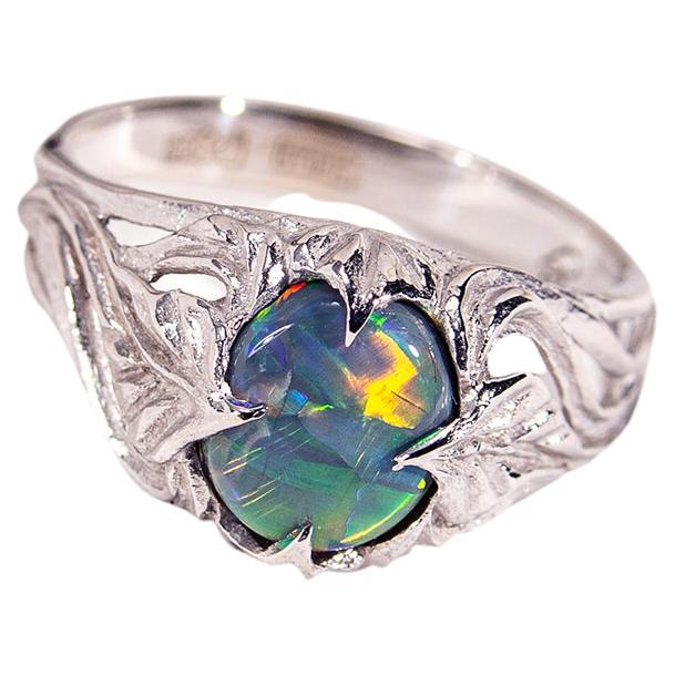 Dark Opal White Gold Ring Bright Multicolor Natural Gem Art Nouveau For Sale 10