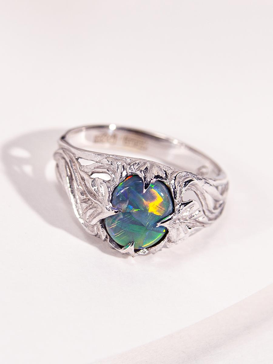 Dark Opal White Gold Ring Bright Multicolor Natural Gem Art Nouveau For Sale 4