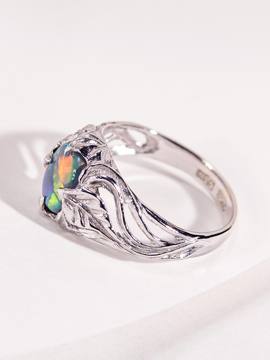 Dark Opal White Gold Ring Bright Multicolor Natural Gem Art Nouveau For Sale 5