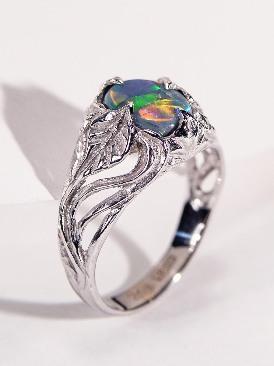 Dark Opal White Gold Ring Bright Multicolor Natural Gem Art Nouveau For Sale 6