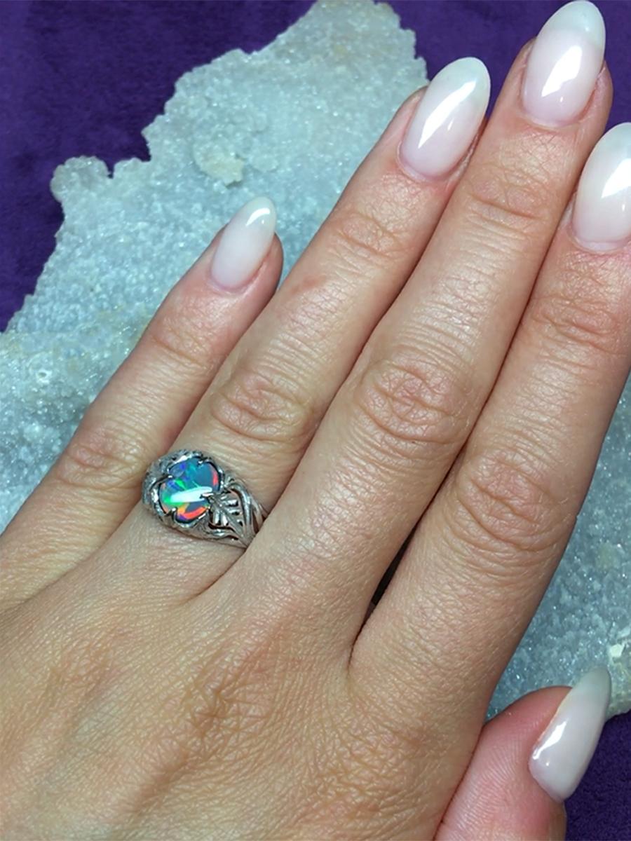 Women's or Men's Dark Opal White Gold Ring Bright Multicolor Natural Gem Art Nouveau For Sale