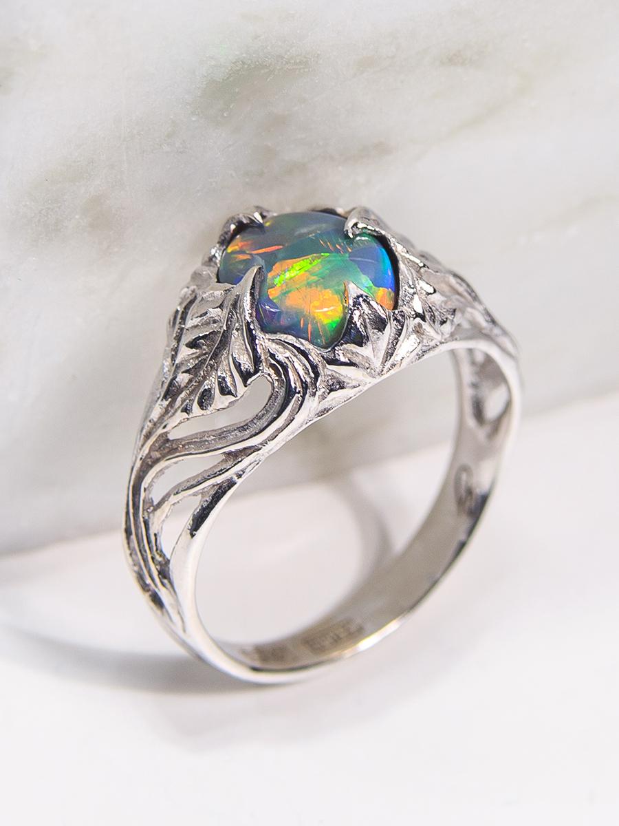 Dark Opal White Gold Ring Bright Multicolor Natural Gem Art Nouveau For Sale 1