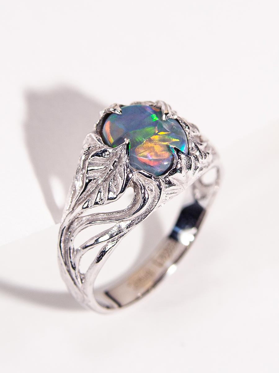 Dark Opal White Gold Ring Bright Multicolor Natural Gem Art Nouveau For Sale 7