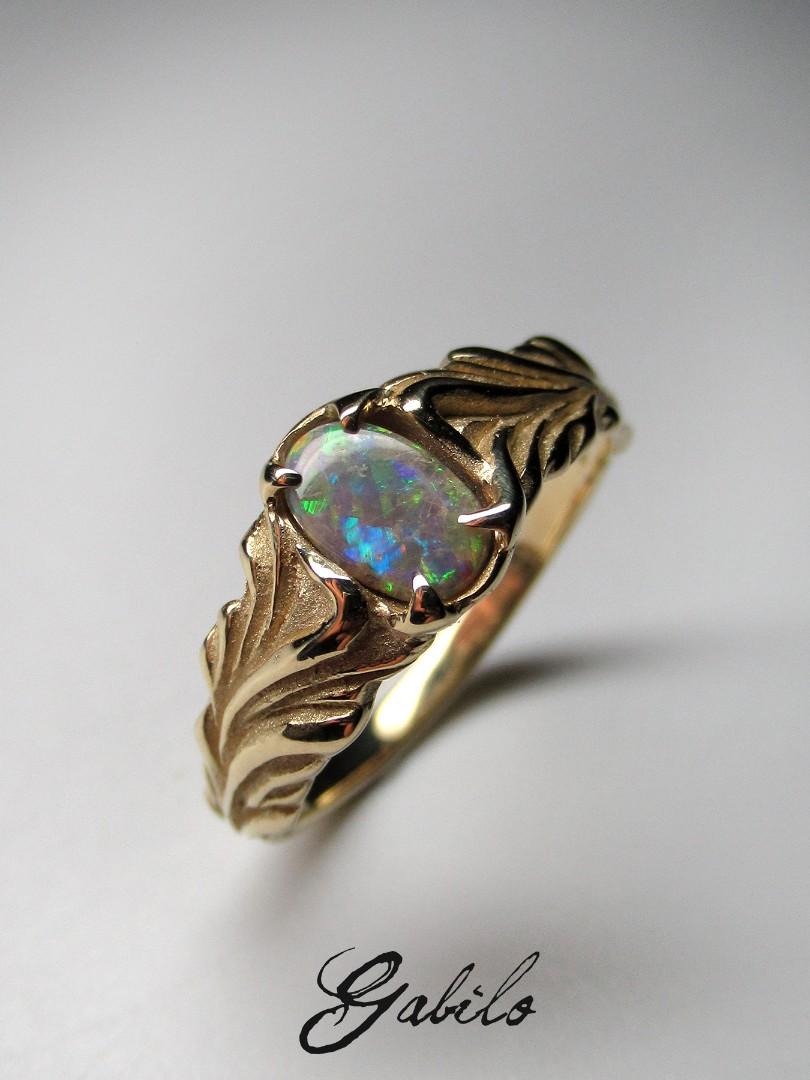 Women's or Men's Dark Opal Gold ring unisex Flower Engagement ring Australian opal