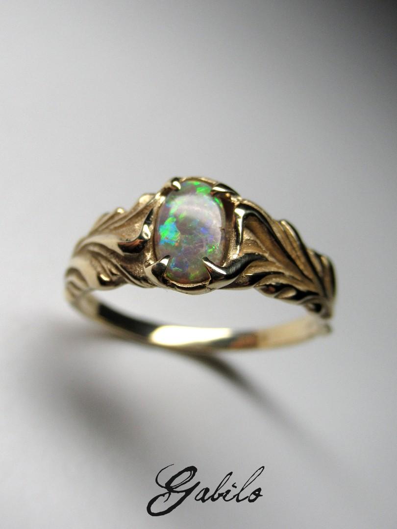 Dark Opal Gold ring unisex Flower Engagement ring Australian opal 1