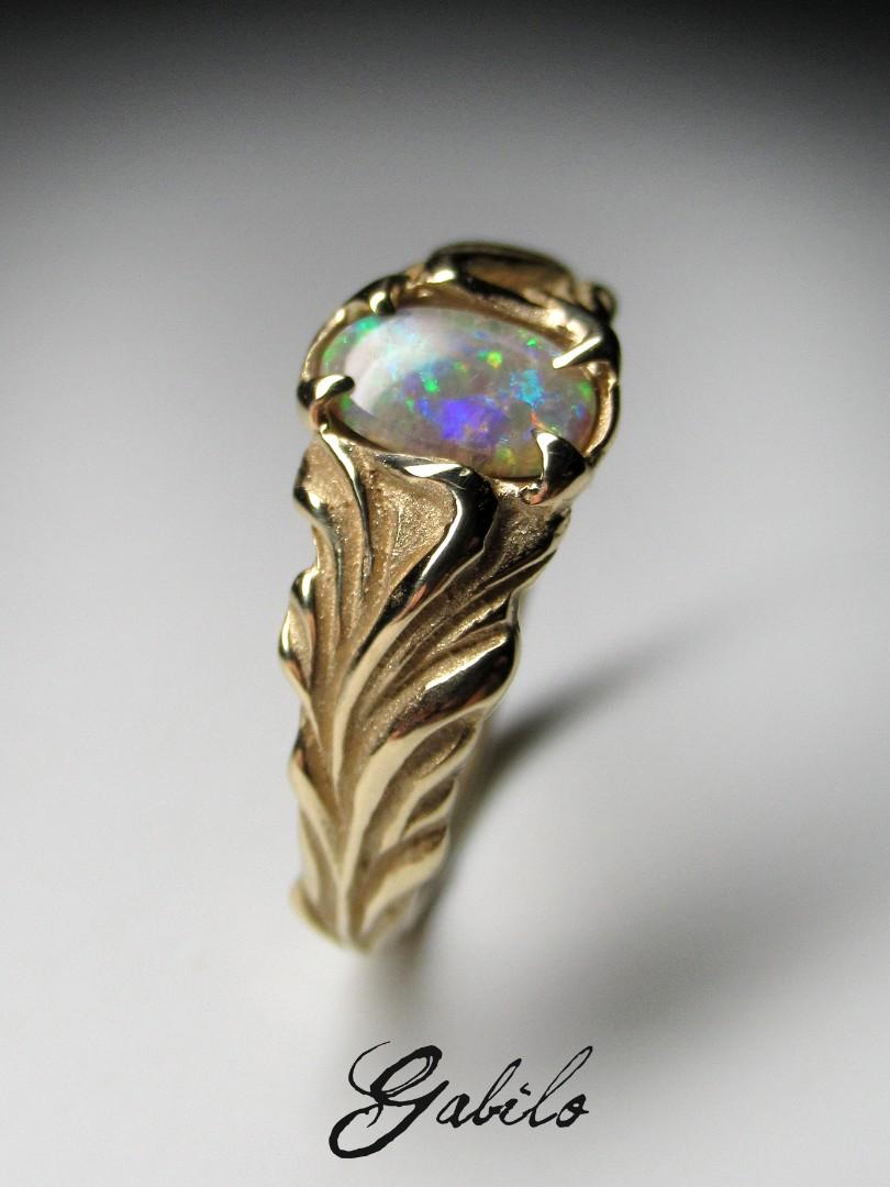 Dark Opal Gold ring unisex Flower Engagement ring Australian opal 2