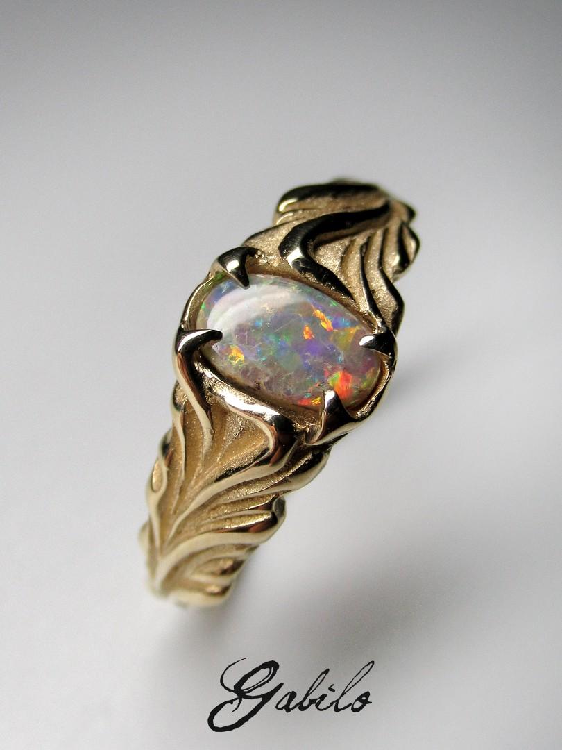 Dark Opal Gold ring unisex Flower Engagement ring Australian opal 3
