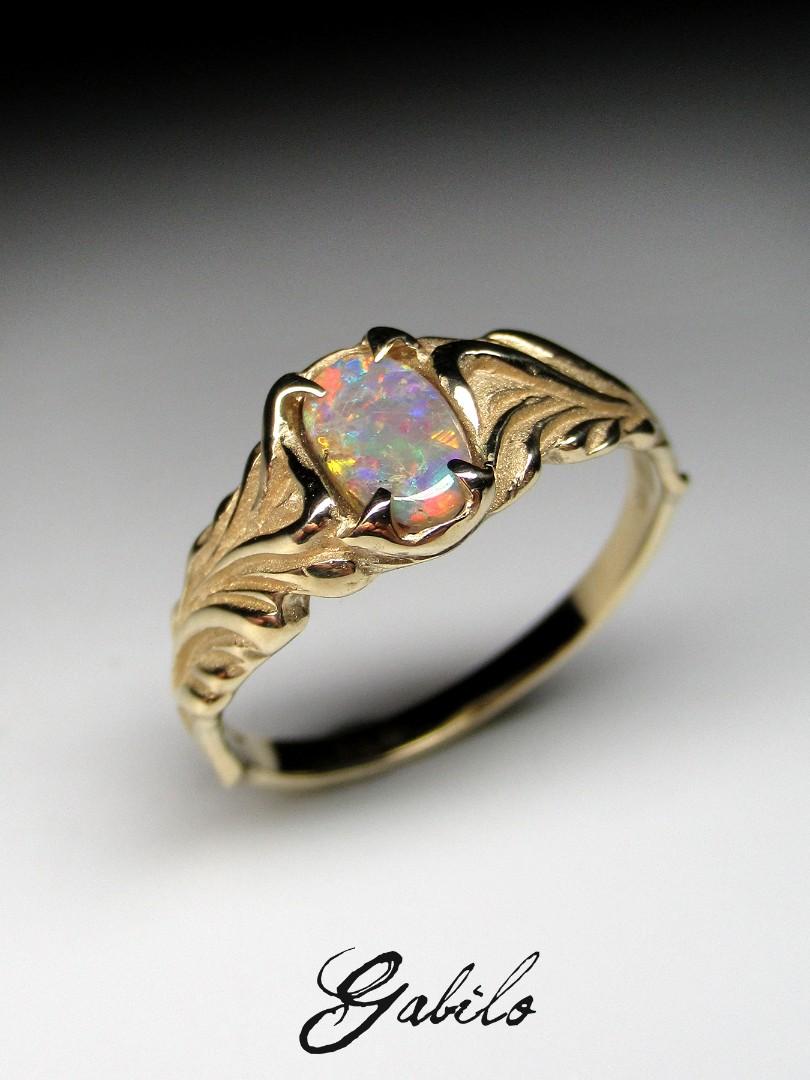 Dark Opal Gold ring unisex Flower Engagement ring Australian opal 4