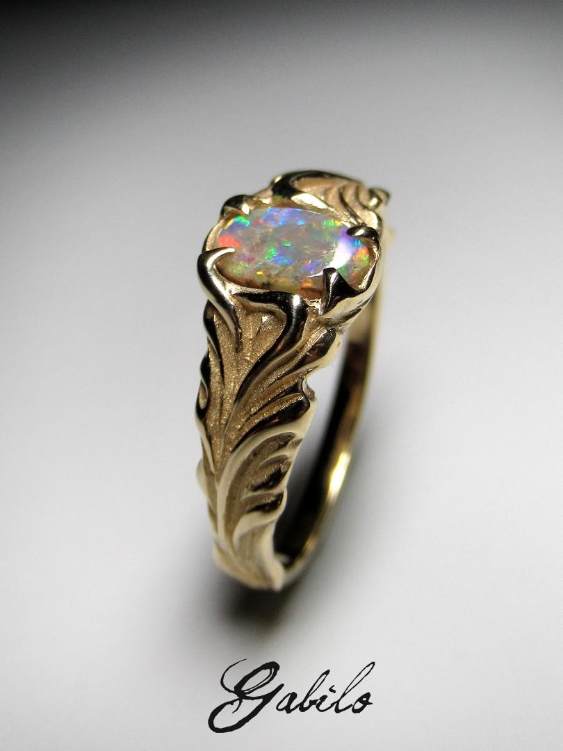 Dark Opal Gold ring unisex Flower Engagement ring Australian opal 5