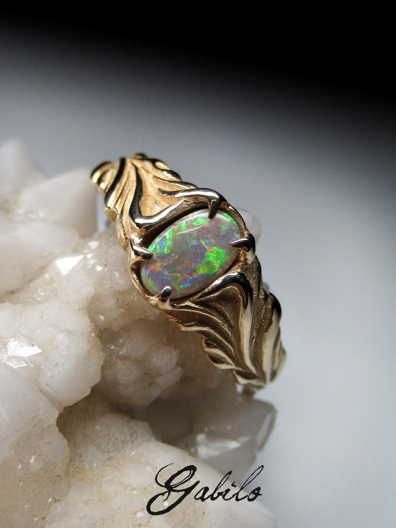Artisan Dark Opal Gold ring unisex Flower Engagement ring Australian opal
