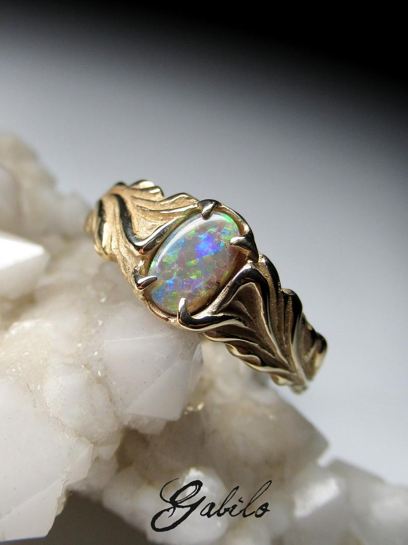 Cabochon Dark Opal Gold ring unisex Flower Engagement ring Australian opal