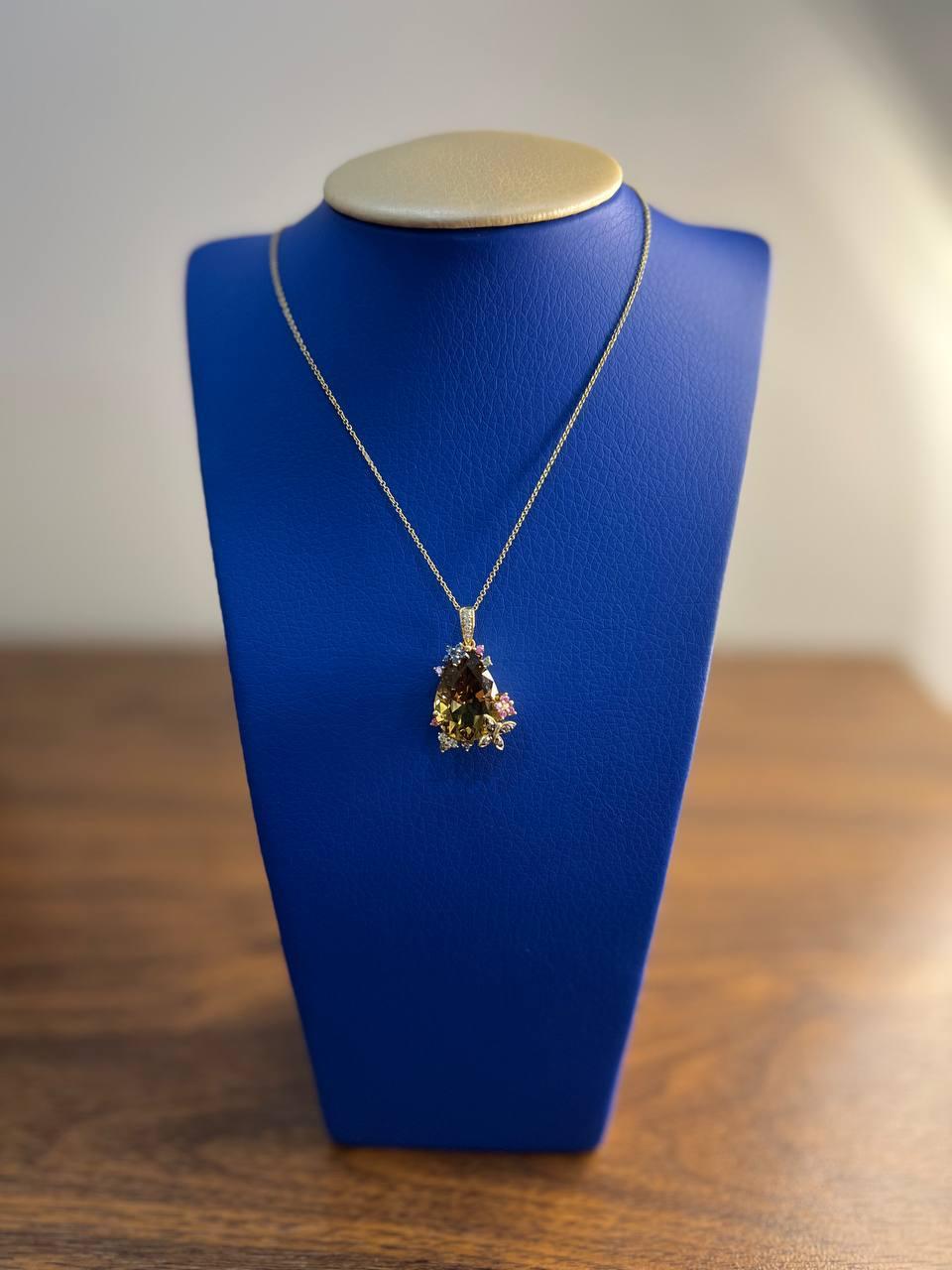 Donna Collana con ciondolo in oro 14K con diamante a forma di goccia di citrino arancione scuro in vendita
