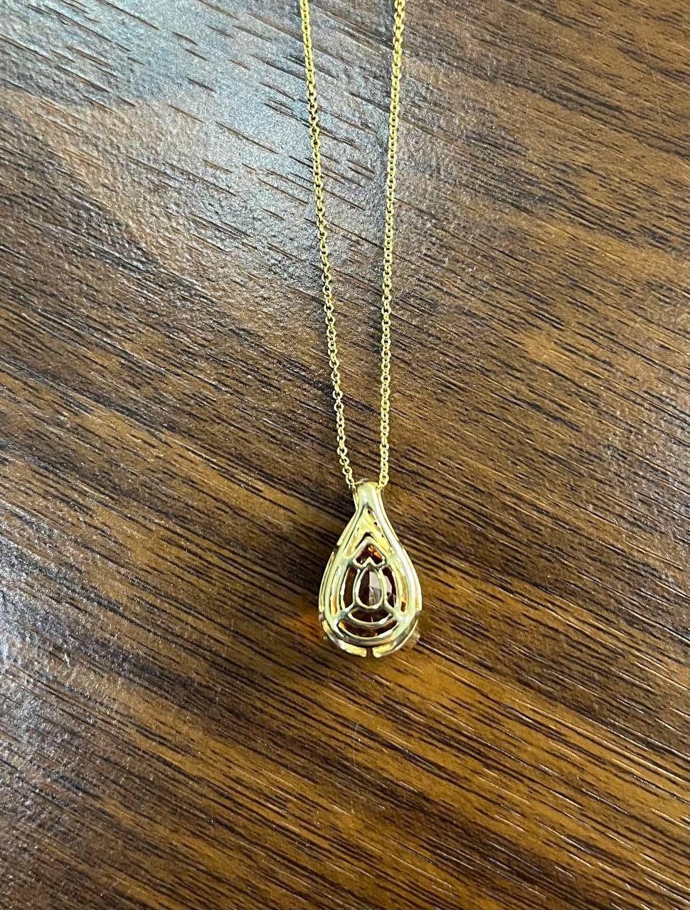 Dark Orange Citrin Tear Drop Form Diamant Edelstein 14K Gold Anhänger Halskette im Angebot 3