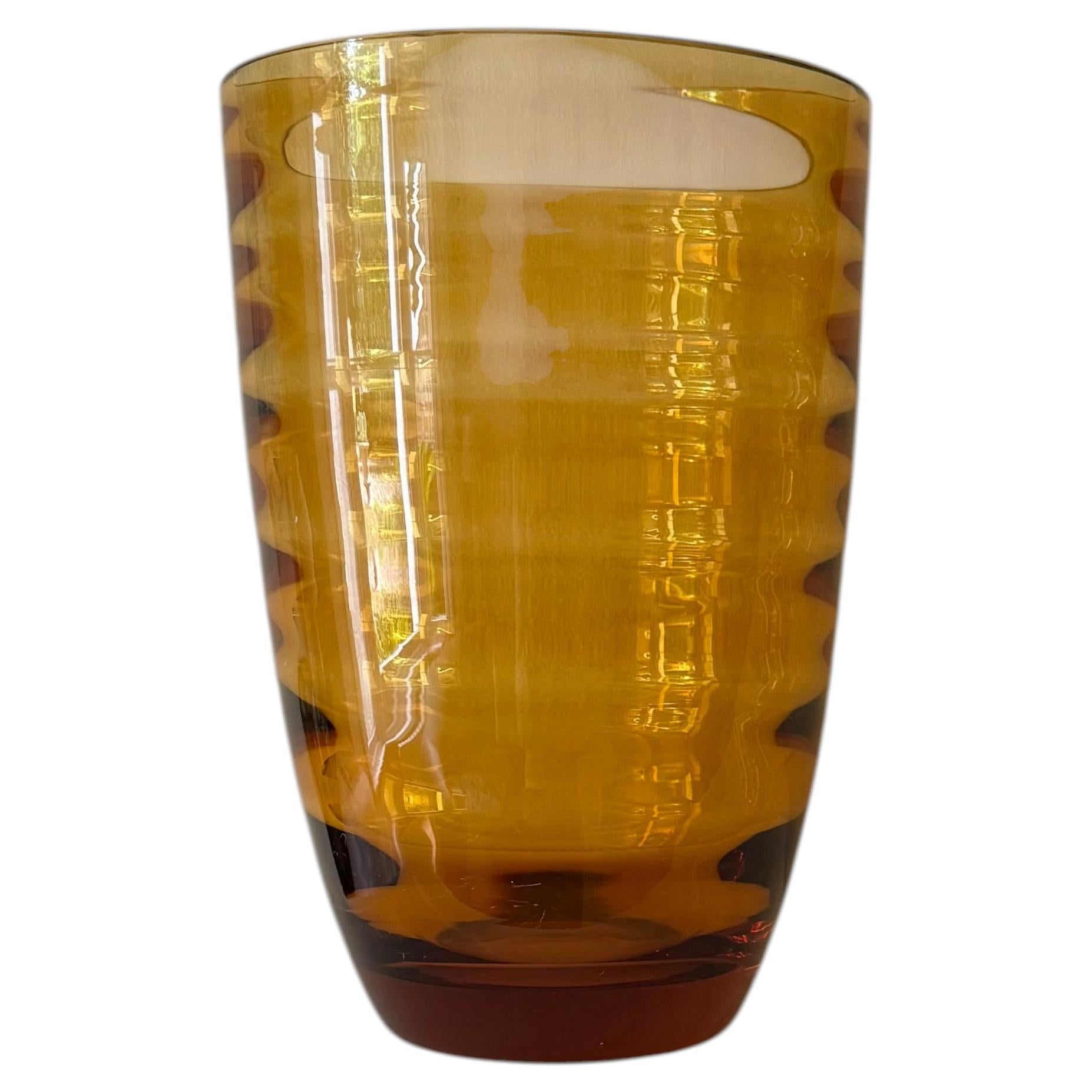 Dark orange handblown ribbed vase For Sale
