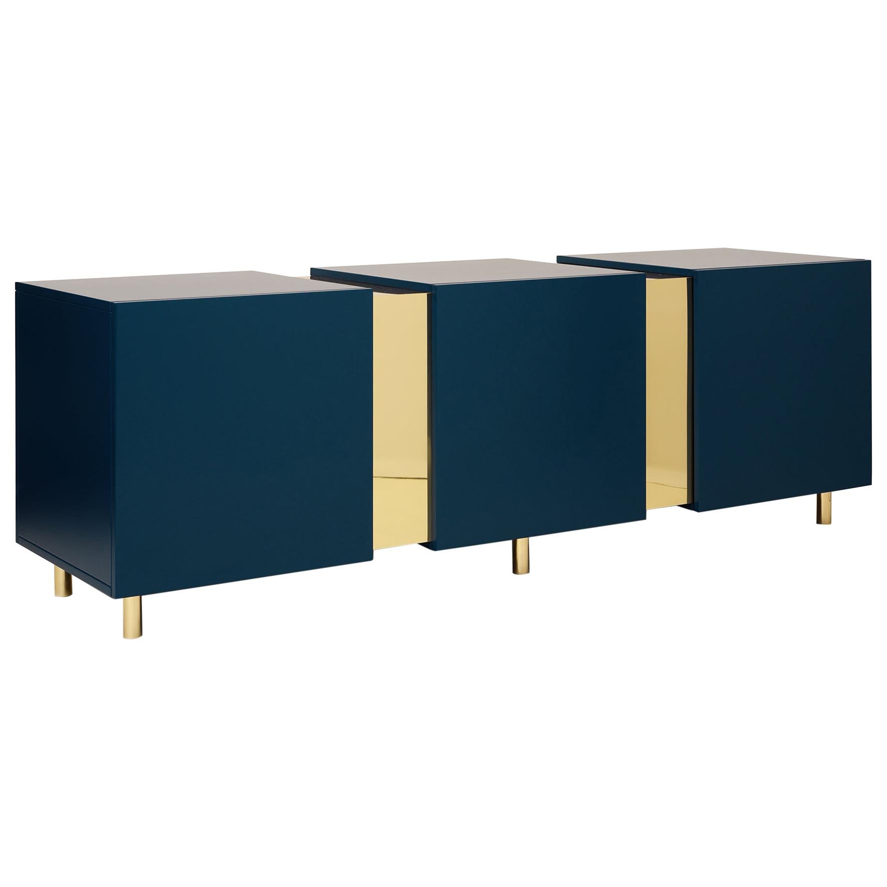 Dark Peacock Blue Sideboard, Brass and Colorful Lacquered Wood, Geometric-Shaped For Sale