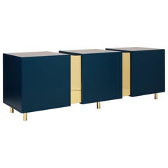 Dark Peacock Blue Sideboard, Brass and Colorful Lacquered Wood, Geometric-Shaped