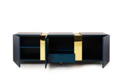 Dark Peacock Blue Sideboard, Brass and Colorful Lacquered Wood, Geometric-Shaped
