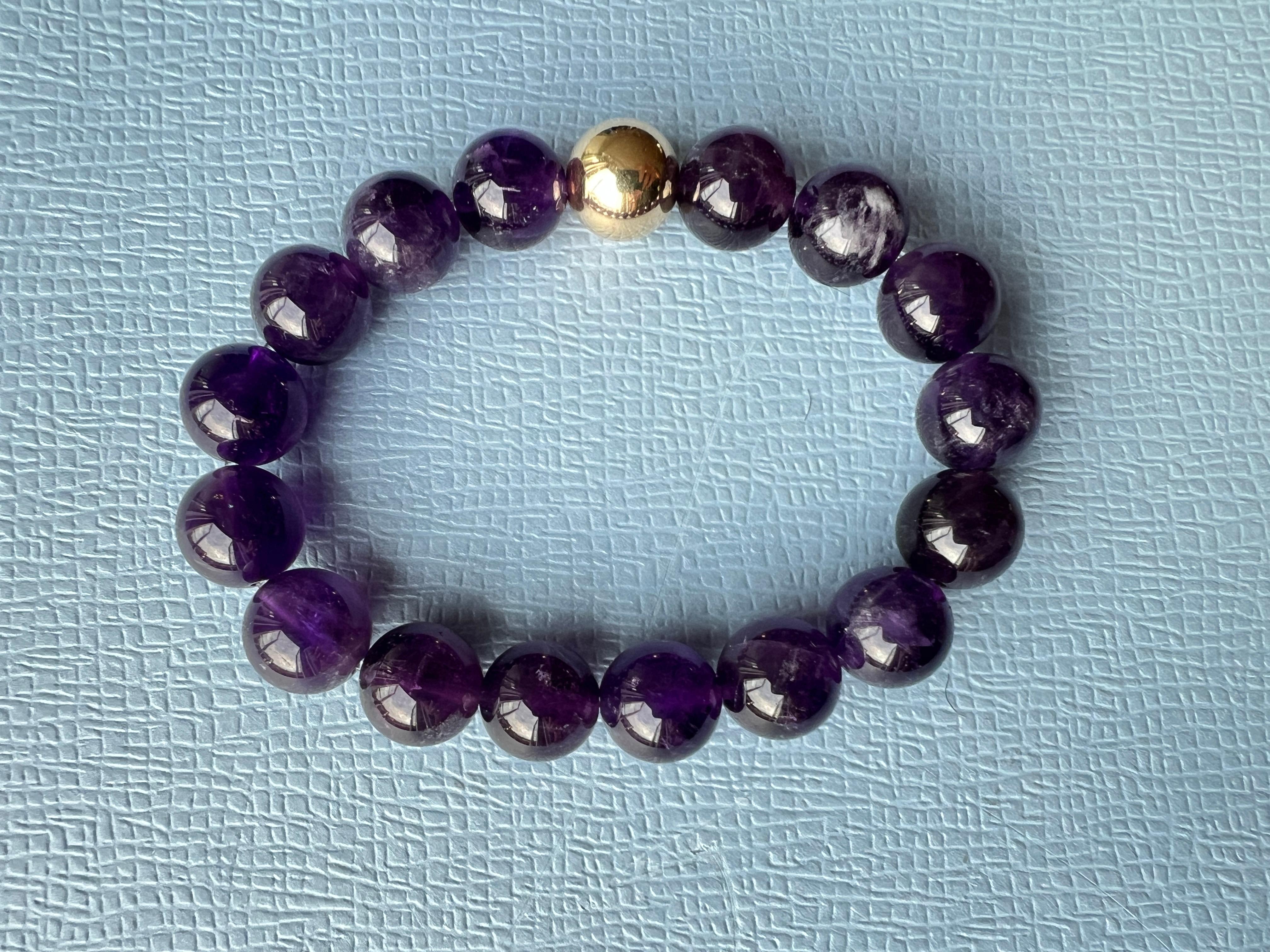 Dark Purple Amhetyst Semi Precious Bead Bracelet Gold Filled Unisex In New Condition In Los Angeles, CA
