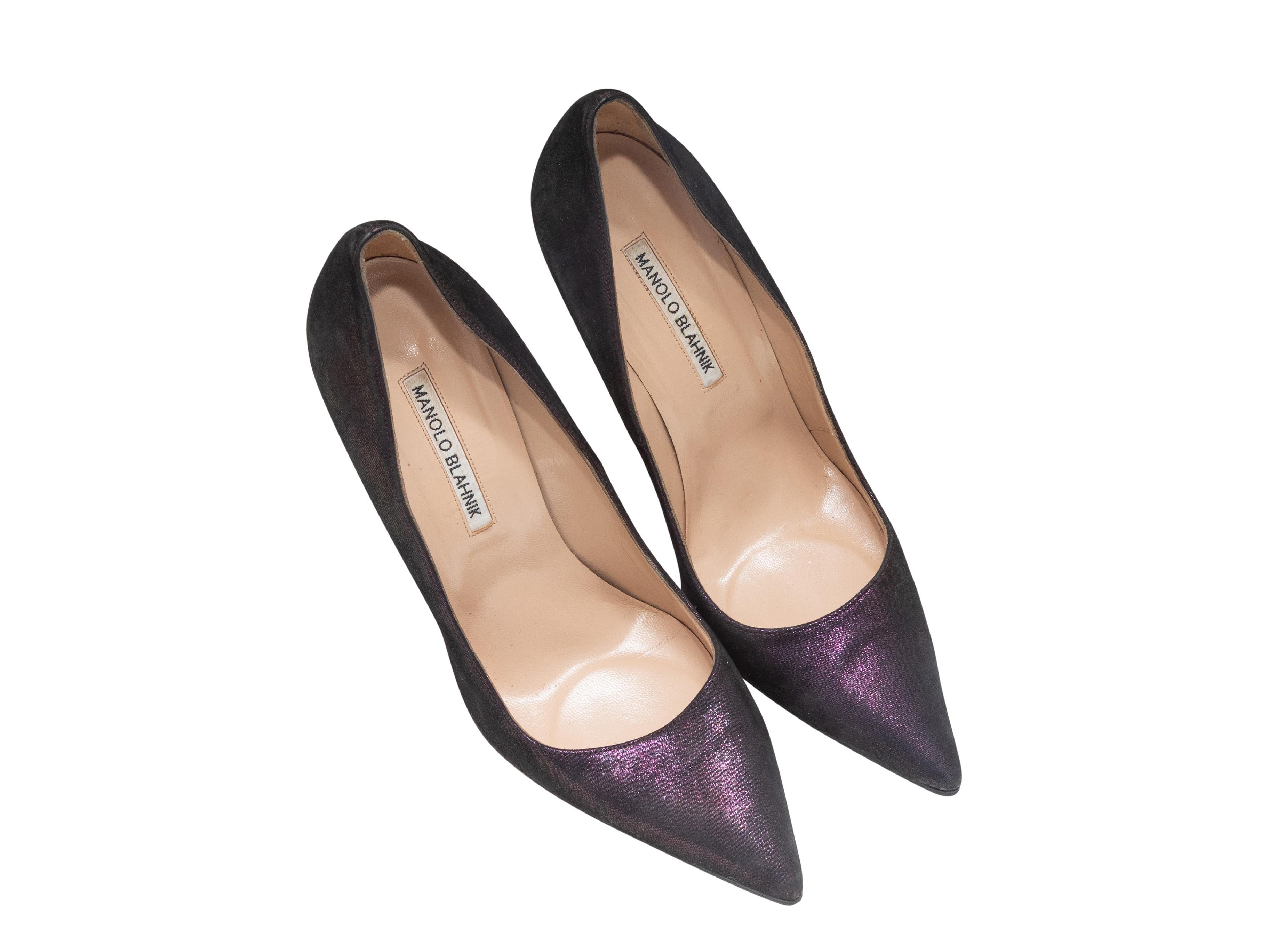 Dark purple metallic suede pointed-toe pumps by Manolo Blahnik. 4.75
