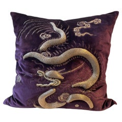 Dark Purple Velvet Cushion Dragon Hand Embroidery Silver Thread Square Shaped