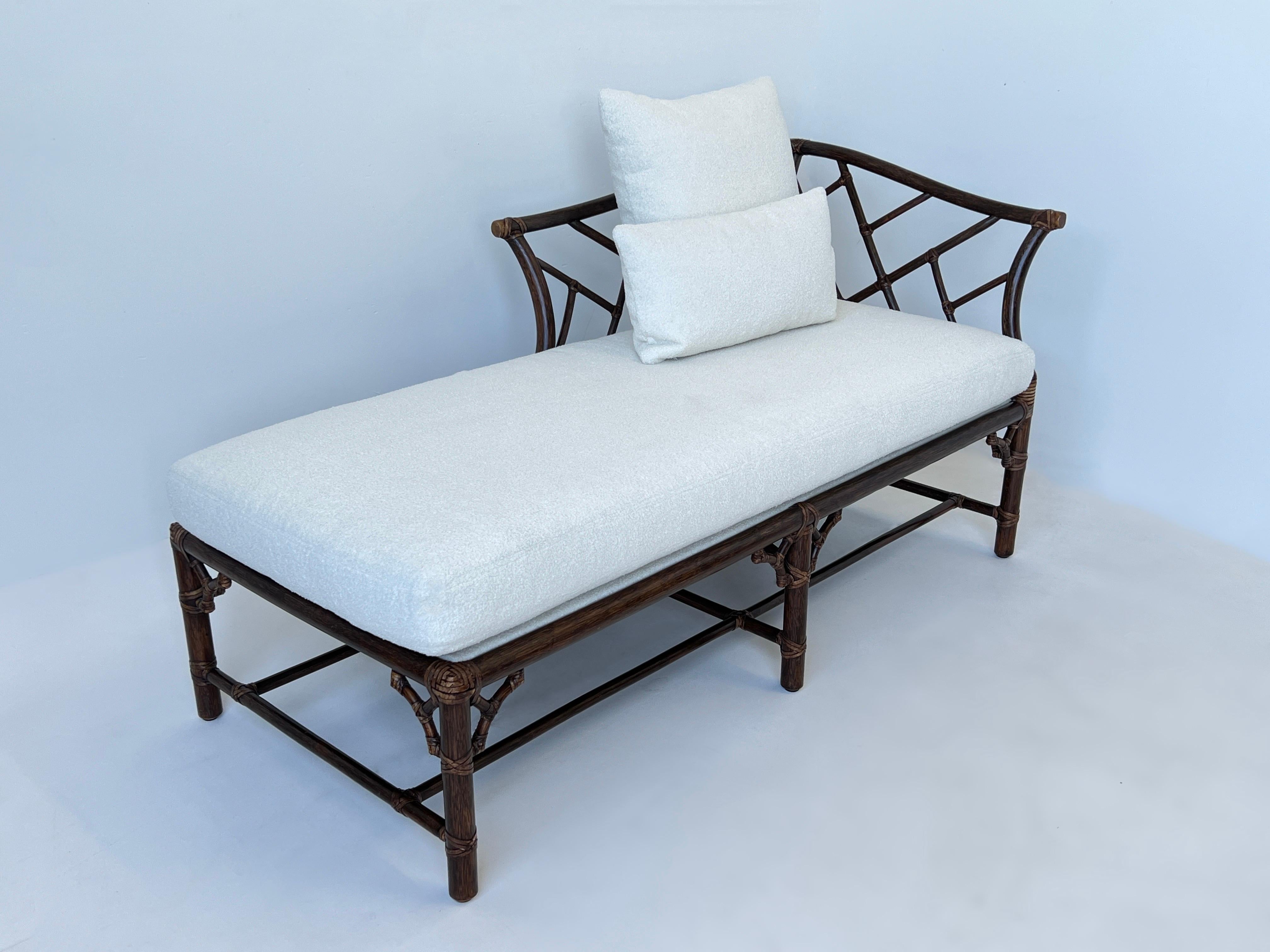 Hollywood Regency Dark Rattan and White Boucle Daybed by McGuire For Sale