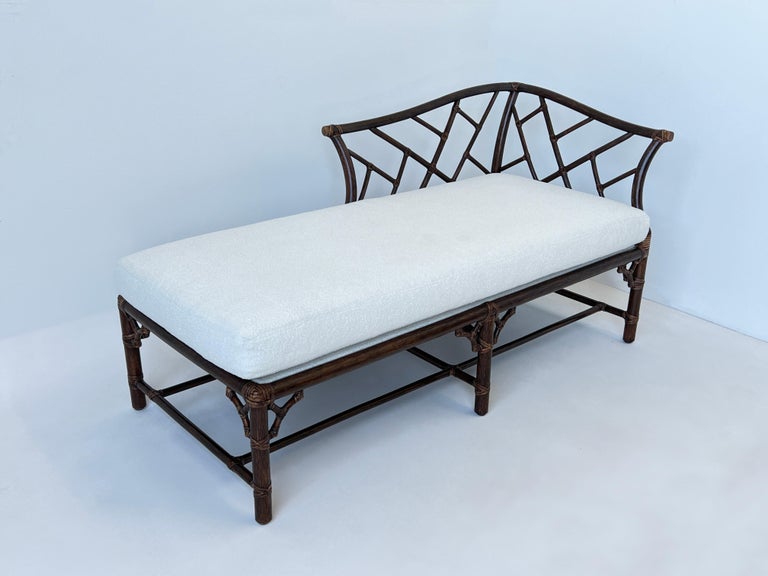Stained Dark Rattan and White Boucle Daybed by McGuire For Sale