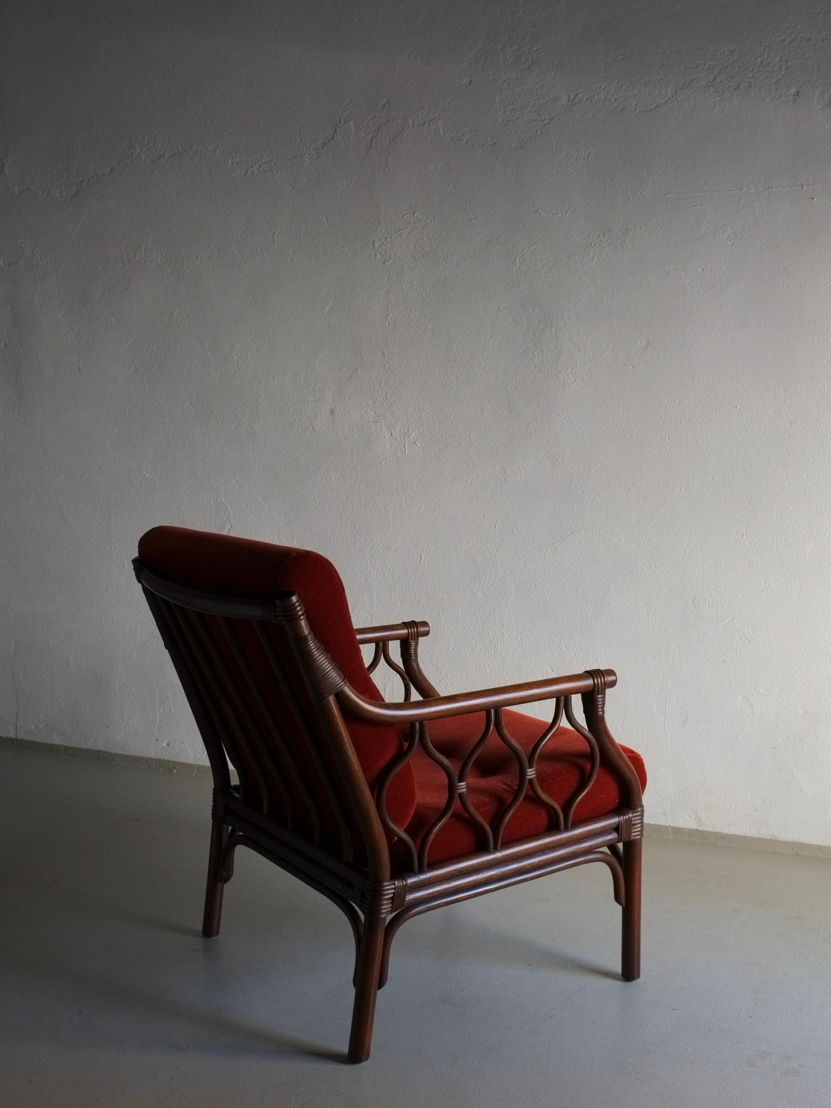 Scandinavian Modern Dark Rattan Velour Lounge Chair, 1980s For Sale