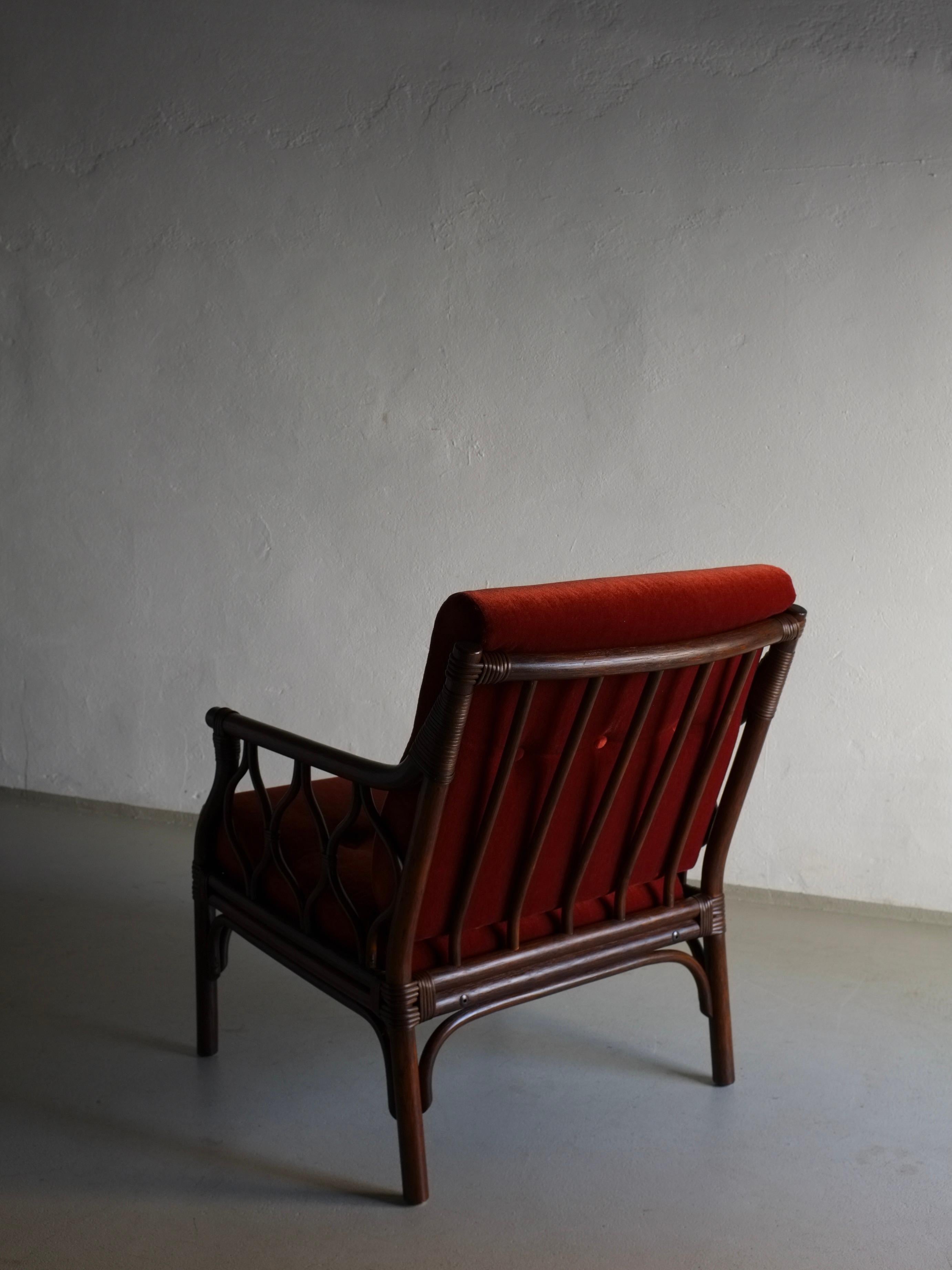 Scandinavian Dark Rattan Velour Lounge Chair, 1980s For Sale