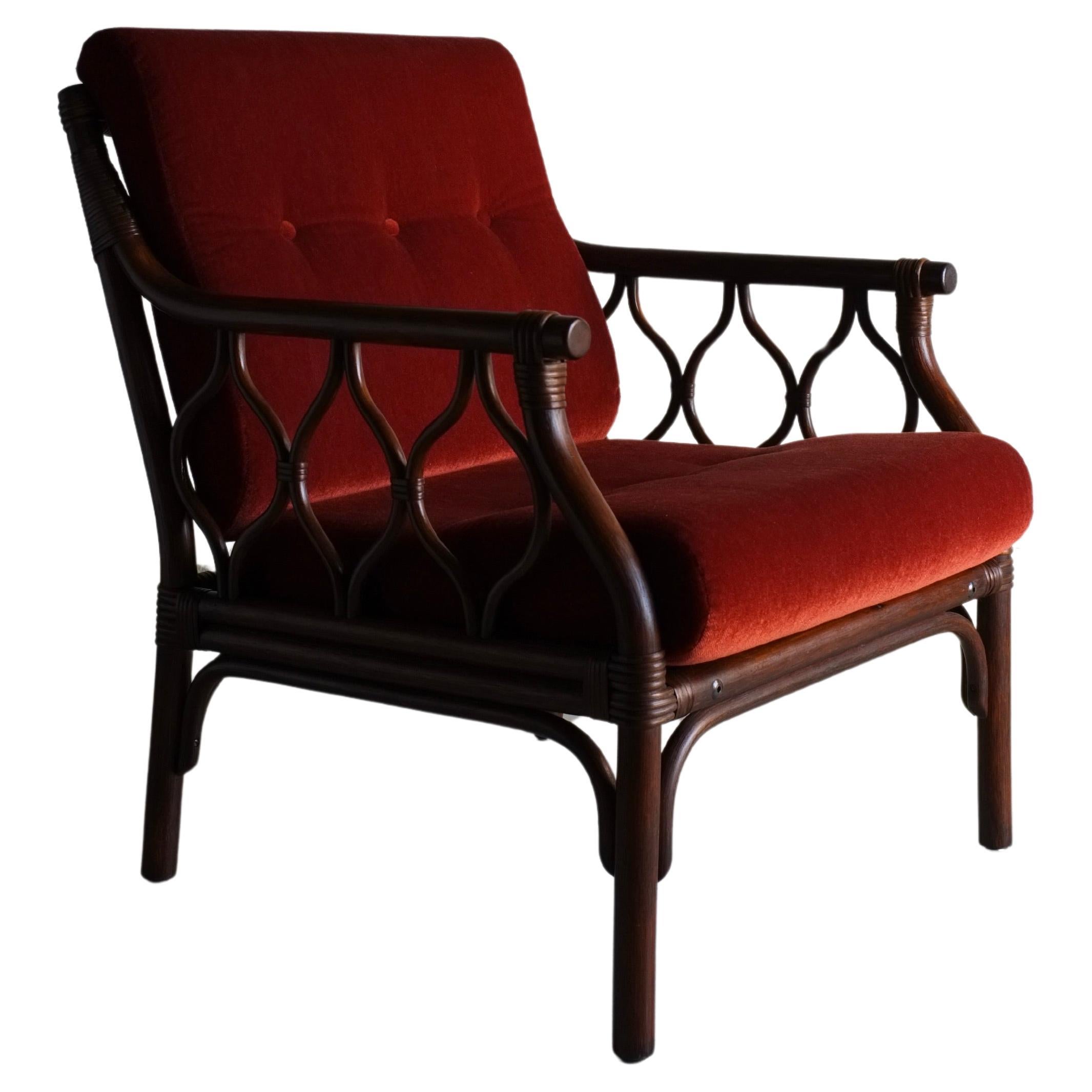 Dark Rattan Velour Lounge Chair, 1980s For Sale