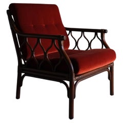Dark Rattan Velour Lounge Chair, 1980s