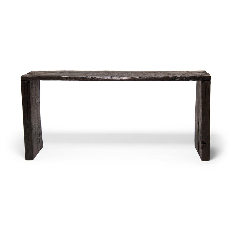 Stained Custom Dark Reclaimed Elm Waterfall Console Table For Sale