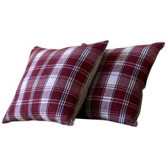 Dark Red and Natural Plaid Madras Textile Pillow