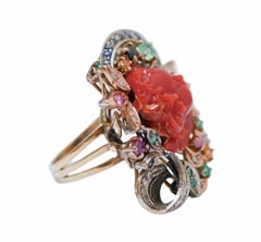 Dark Red Coral, Emeralds, Rubies, Sapphires, Diamonds, Rose Gold and Silver Ring