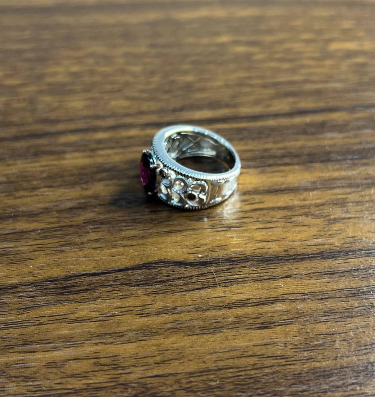 Women's Dark Red Garnet 14k White Gold Statement Sculptural Grooves Waves Fleur Ring For Sale