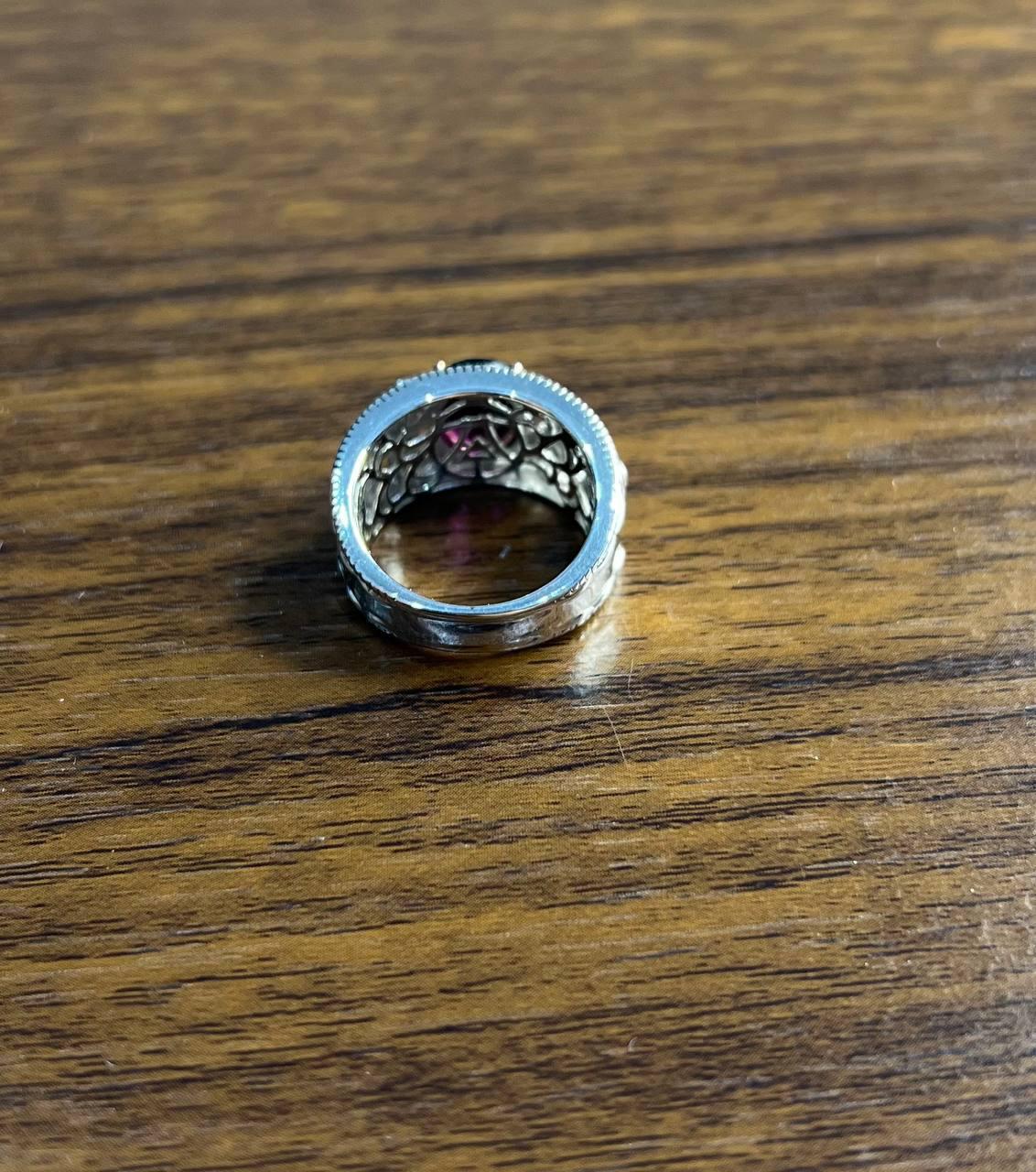 Dark Red Garnet 14k White Gold Statement Sculptural Grooves Waves Fleur Ring For Sale 1