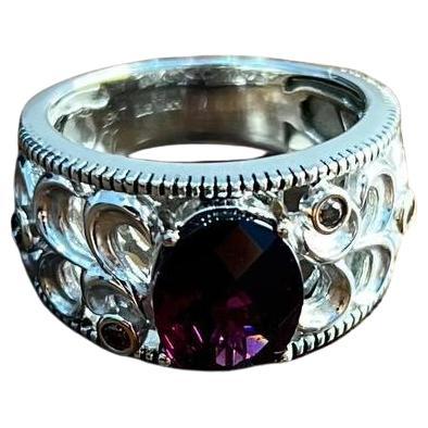Dark Red Garnet 14k White Gold Statement Sculptural Grooves Waves Fleur Ring For Sale