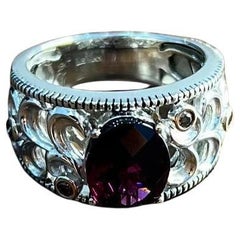 Dark Red Garnet 14k White Gold Statement Sculptural Grooves Waves Fleur Ring