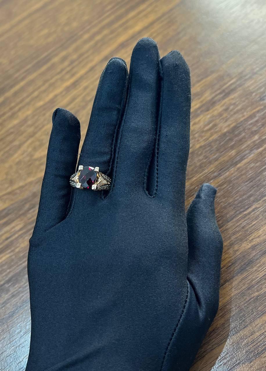 Dark Red Garnet Champagne White Pave Set 14K Rose Gold Statement Cocktail Ring For Sale 5