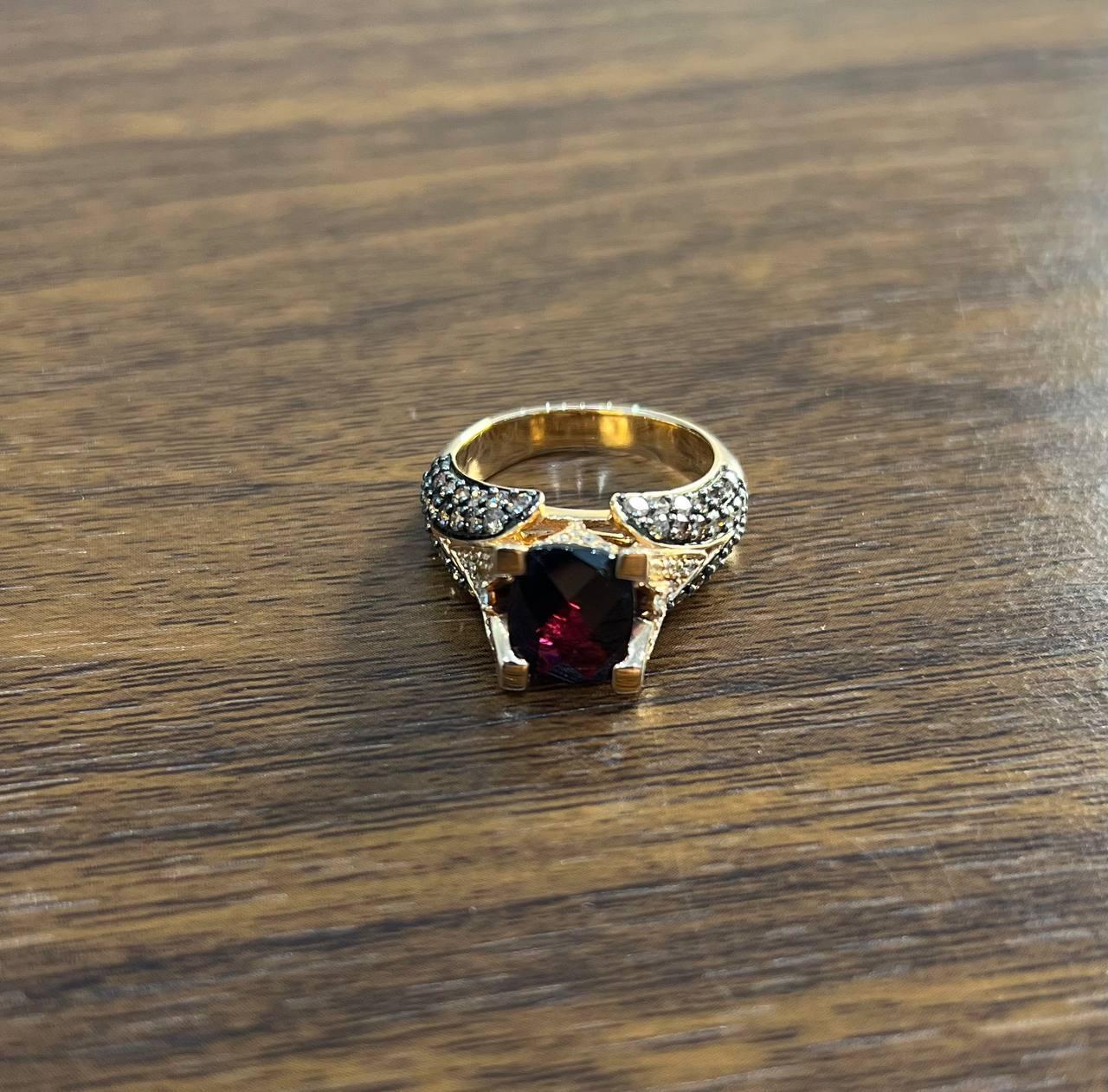 Women's Dark Red Garnet Champagne White Pave Set 14K Rose Gold Statement Cocktail Ring For Sale
