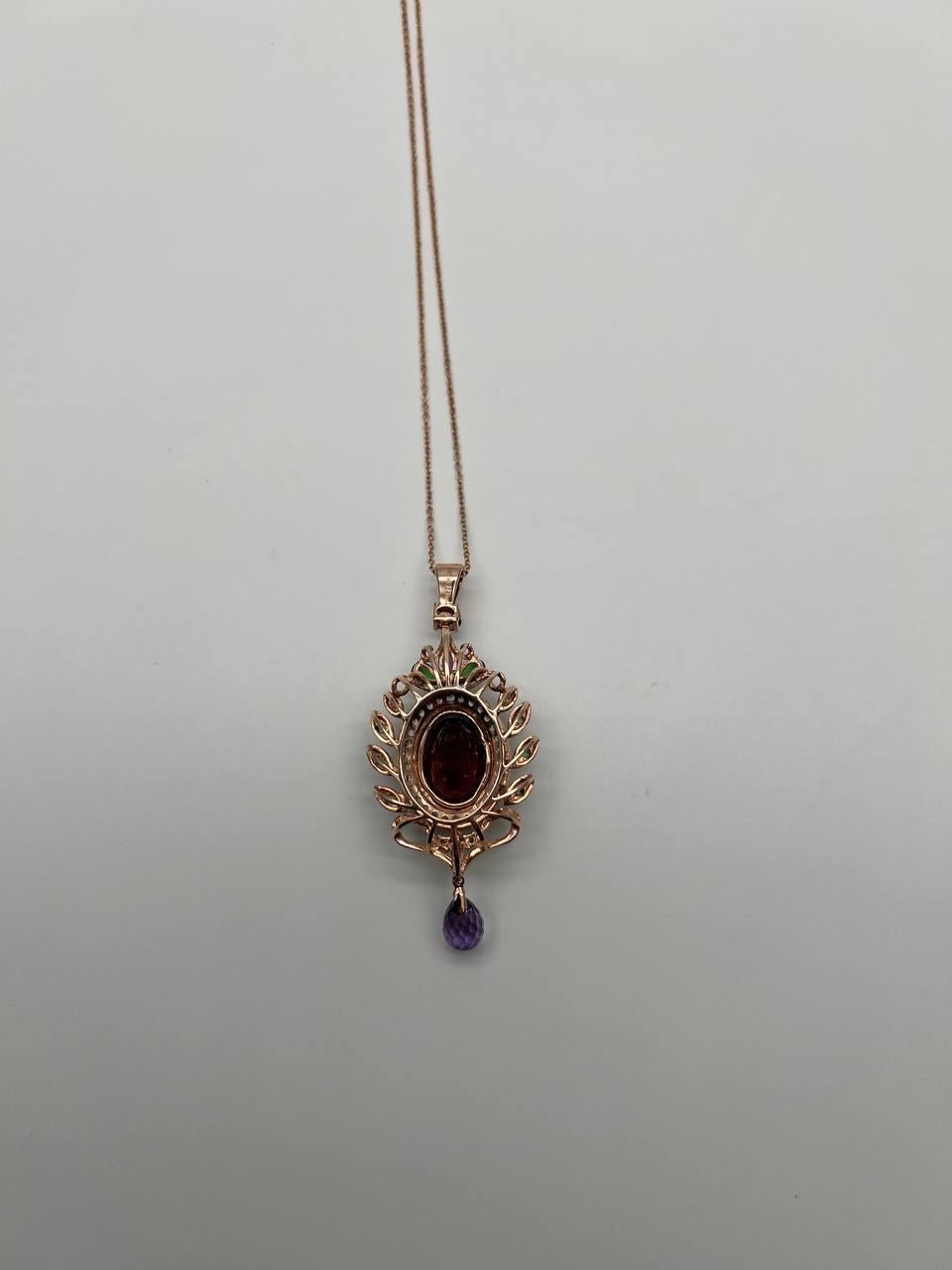 Dark Red Garnet Green Tsavorite Purple Amethyst Gold Diamonds Pendant Necklace For Sale 5