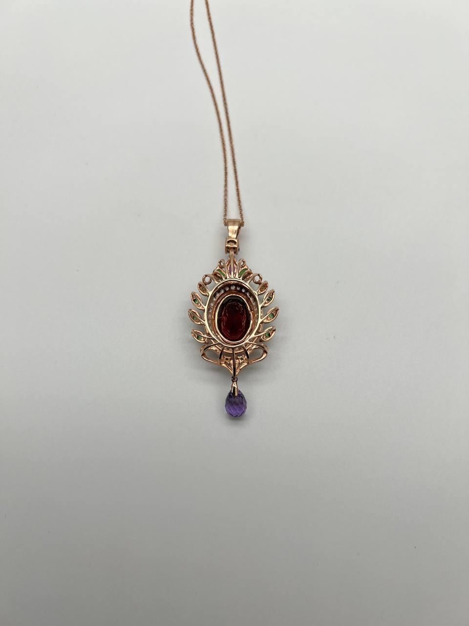 Dark Red Garnet Green Tsavorite Purple Amethyst Gold Diamonds Pendant Necklace For Sale 6
