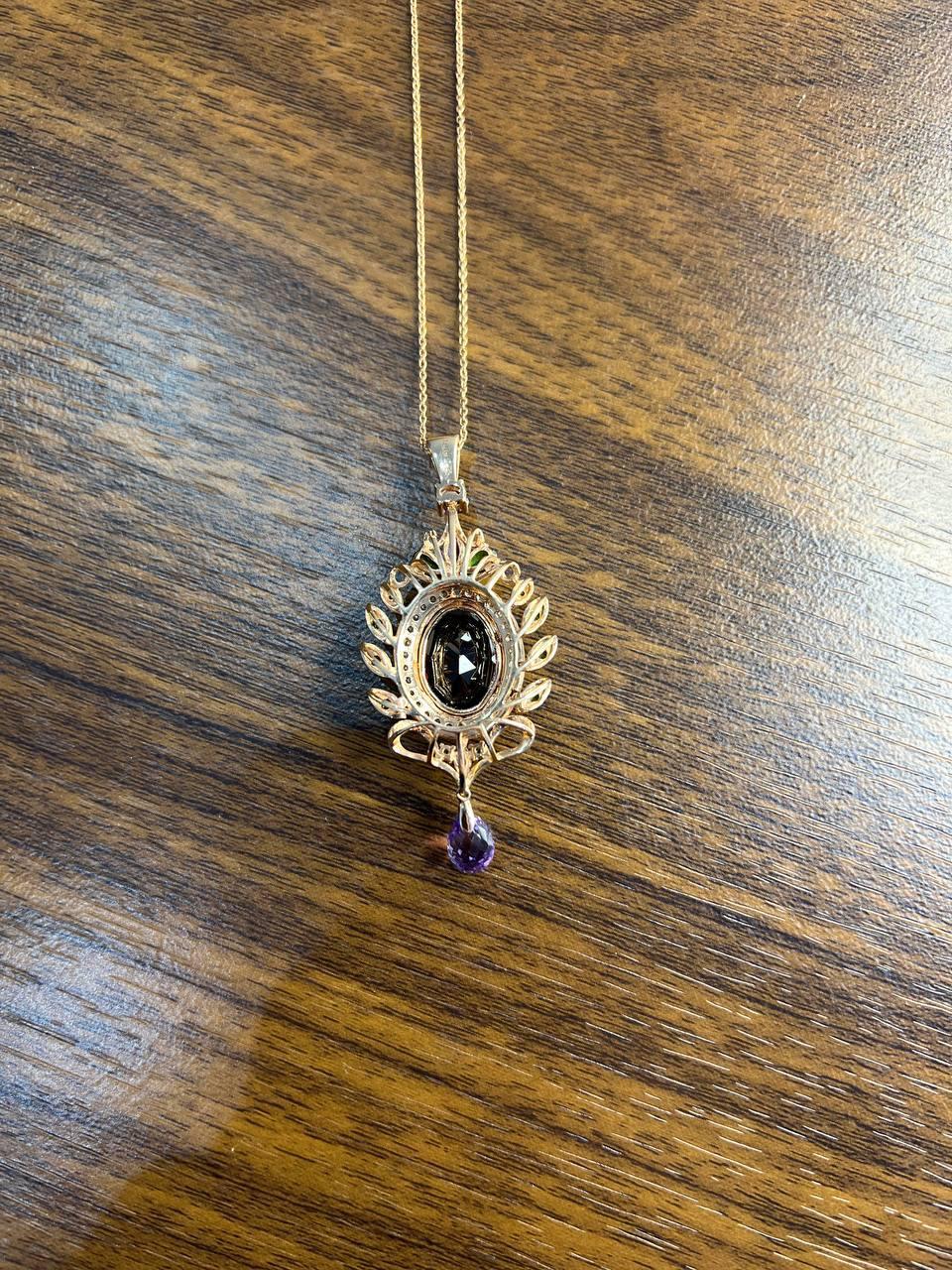 Pear Cut Dark Red Garnet Green Tsavorite Purple Amethyst Gold Diamonds Pendant Necklace For Sale