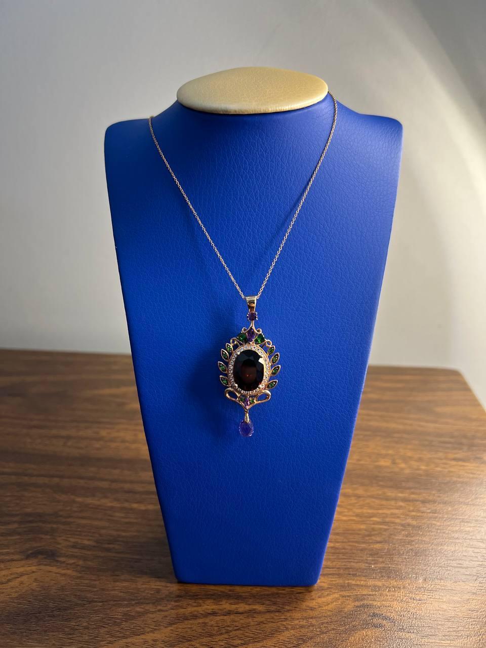 Women's Dark Red Garnet Green Tsavorite Purple Amethyst Gold Diamonds Pendant Necklace For Sale