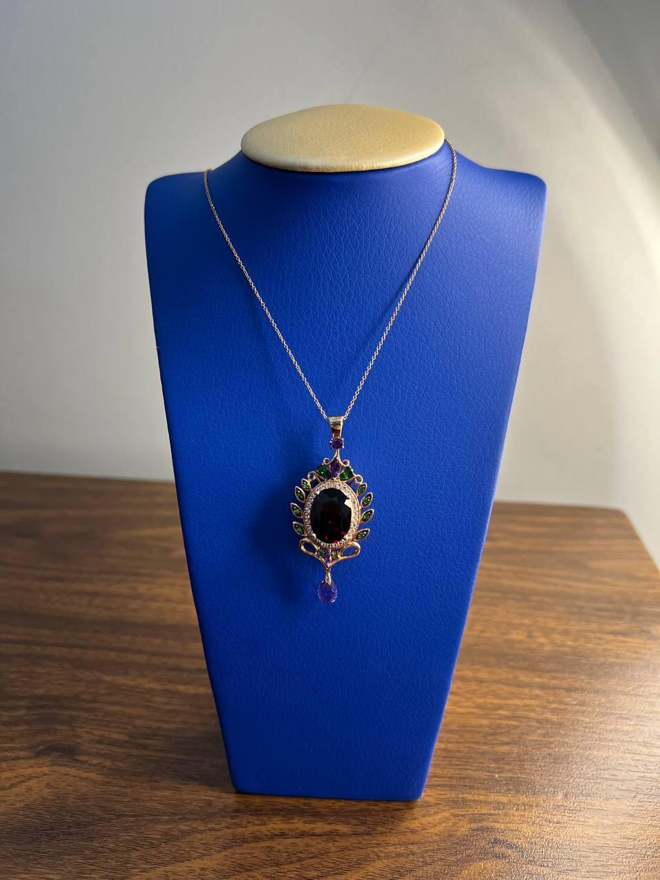 Dark Red Garnet Green Tsavorite Purple Amethyst Gold Diamonds Pendant Necklace For Sale 1