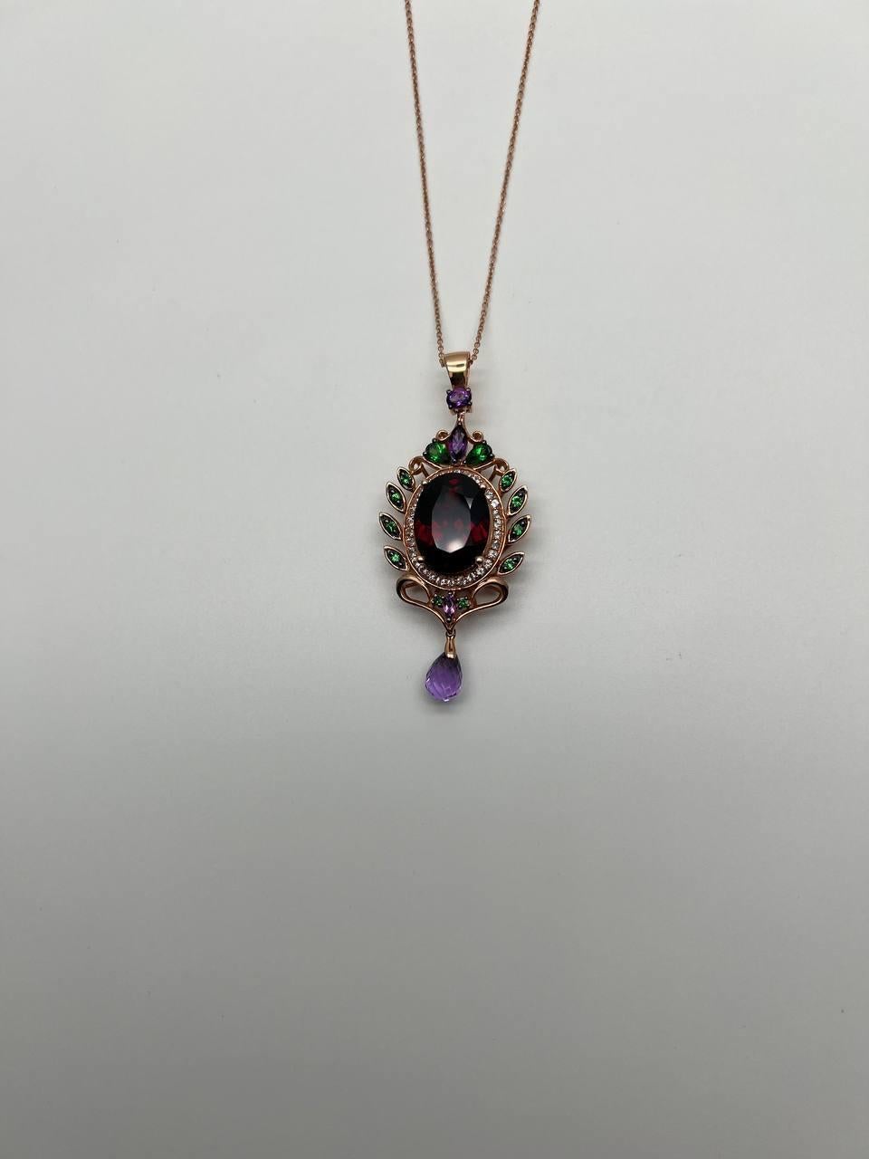 Dark Red Garnet Green Tsavorite Purple Amethyst Gold Diamonds Pendant Necklace For Sale 2