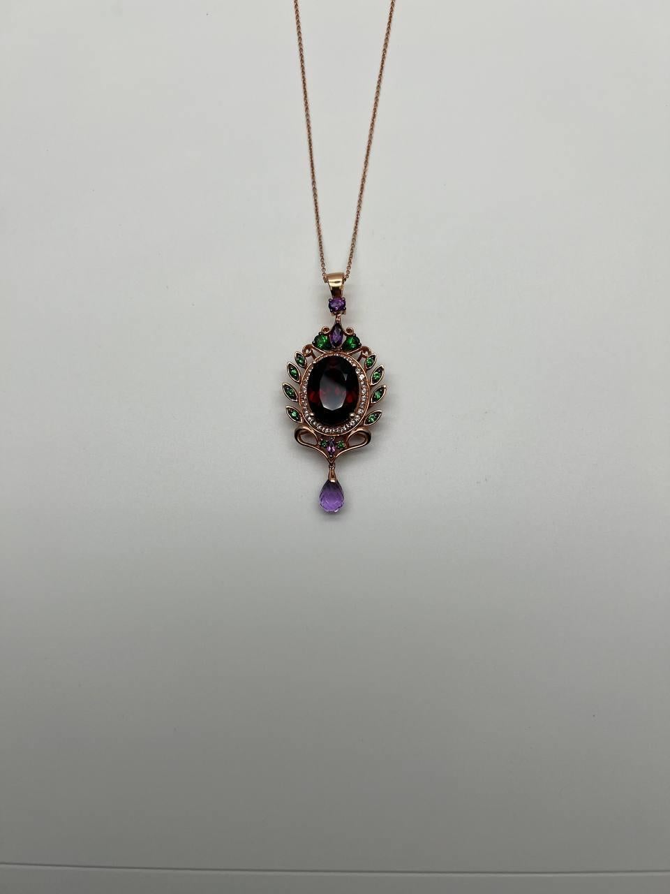 Dark Red Garnet Green Tsavorite Purple Amethyst Gold Diamonds Pendant Necklace For Sale 4