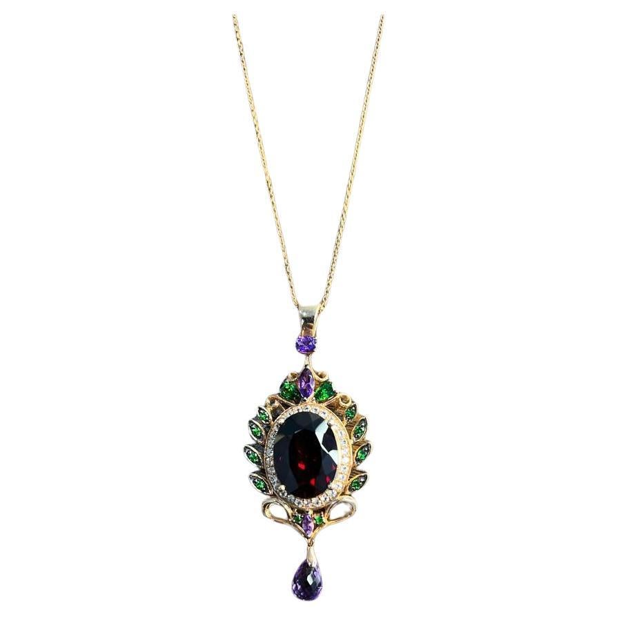 Dark Red Garnet Green Tsavorite Purple Amethyst Gold Diamonds Pendant Necklace For Sale