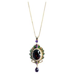 Dark Red Garnet Green Tsavorite Purple Amethyst Gold Diamonds Pendant Necklace